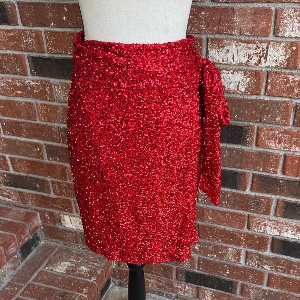 Never Fully Dressed Red Sequin Jaspre Wrap Mini Skirt NWT Size US 4 UK 8